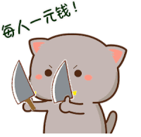 a cartoon cat is holding two knives with chinese writing behind him