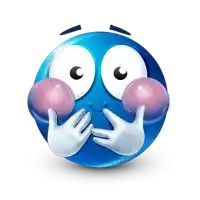 a blue smiley face is covering its mouth with its hands and blowing bubble gum