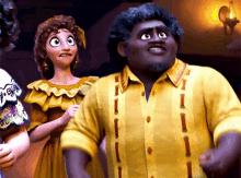 a man in a yellow shirt stands next to a woman