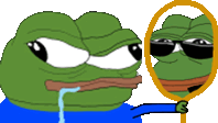 a cartoon frog is looking at himself in a mirror while wearing sunglasses .