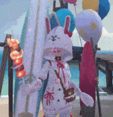 a cartoon character wearing a bunny hood holds a skewer of food