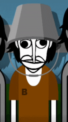 a cartoon of a man wearing a bucket on his head and a shirt with the letter b on it