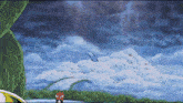 a cartoon drawing of a cloudy sky with a few trees in the background