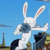 a cartoon rabbit is holding a microphone in his mouth and giving a thumbs up