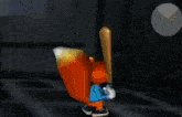 a cartoon character is sitting on a chair in a dark room .