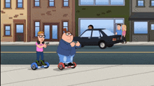 a cartoon of peter griffin riding a hover board on the street