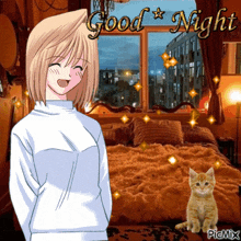 a picture of a girl and a cat with the words good night written on it