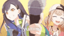 a couple of anime girls are standing next to each other and a person is holding a microphone in front of them .