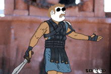 a cartoon drawing of a man holding a sword with a dollar sign below him