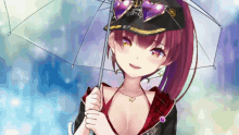 a girl with red hair is holding an umbrella and wearing a hat that says 88-0