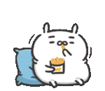 a cartoon rabbit is eating french fries while sitting on a pillow .