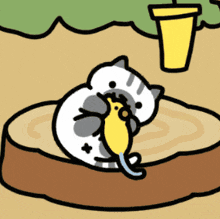 a cartoon cat laying on a stump holding a yellow bird