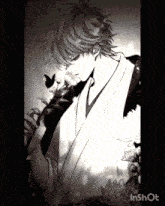 a black and white drawing of a man in a kimono holding flowers