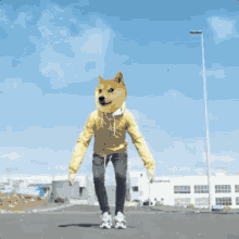 a person with a dog head on their head standing on a street