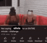 two women are sitting on a red couch in a video that says not saying olivia for an entire minute - challenge .