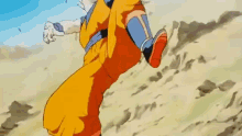 a cartoon character is running on a dirt hill .