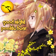 a picture of a boy in a suit holding a bouquet of yellow roses with the words good night pookie bear
