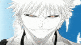 a cartoon character with white hair and orange eyes is smiling