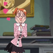 a girl with a dollar sign on her face stands in front of a stack of books