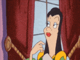 a cartoon woman is sitting in front of a window with her hand on her chin .