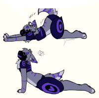 a drawing of a gray and purple furry animal with a purple circle on its butt