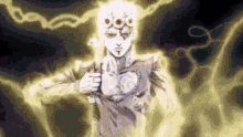 a cartoon character is standing in front of a dark background with a lightning bolt behind him .