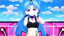a girl with blue hair is wearing headphones and a black top