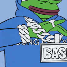 a cartoon frog wearing a blue hoodie has a chain around his neck and a sign that says basic