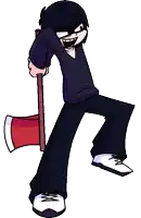 a cartoon character is holding a large red axe in his right hand