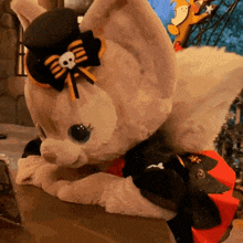 a stuffed animal with a skull on its hat