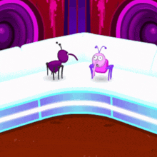 two cartoon ants are standing next to each other on a white couch