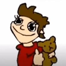 a cartoon character is holding a teddy bear and smiling .