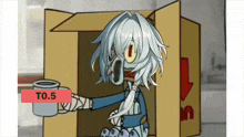 a cartoon character is sitting in a cardboard box and holding a cup with a to.5 sign below it