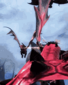 a painting of a red dragon with wings spread