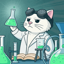a cartoon cat in a lab coat is holding a beaker with a green liquid in it
