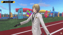 a man in a white suit is walking on a track in front of a sign that says niji