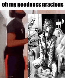 a man is standing next to a drawing of a man sitting in a chair