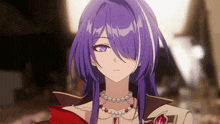 a girl with long purple hair is wearing a necklace with red beads