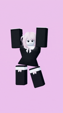 a girl with pink hair and black arms is laying on a pink background with her eyes closed