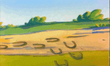 a painting of horseshoes on a dirt road in a field