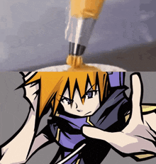 a cartoon character with a purple scarf around his neck and a yellow sauce being poured on his head