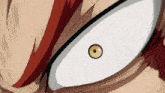 a close up of a cartoon character 's eye with a yellow pupil and red hair .