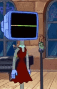 a cartoon character with a tv head and a red dress