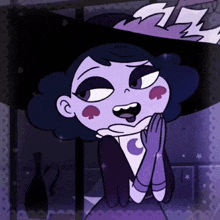 a cartoon of a woman with a purple hat and gloves with a crescent moon on her chest