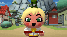 a cartoon character is holding a scooter with a green monster on his head