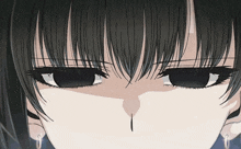 a close up of a girl 's face with black hair and white eyes