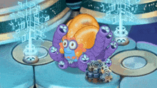 a purple and orange cartoon character is sitting on top of a gear