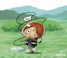 a cartoon character is standing in a grassy field with a swirl around his head and the words imgplay at the bottom