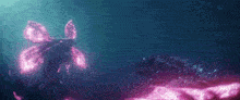 a purple flower is floating in the water next to a purple monster .