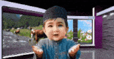 a baby wearing a hat is sitting in front of a window with cows in the background